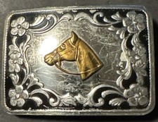 Vintage Western Nickel Silver Belt Buckle Goldtone Horse Head Black Detail