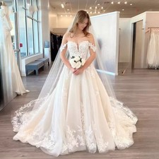 V Neck Charming Wedding Dress for Brides Off the Shoulder with Appliques A-line
