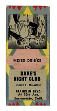 Sacramento Ca Dave's Night Club Vintage Matchbook Cover