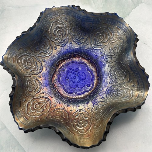 Vintage Fenton Blue Iridescent Six Ruffle Carnival Glass Dish - Picture 2 of 8