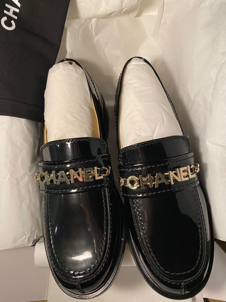 100% Chanel CC Logo 36 6black Loafers Shoes New patent leather moccasins  chain