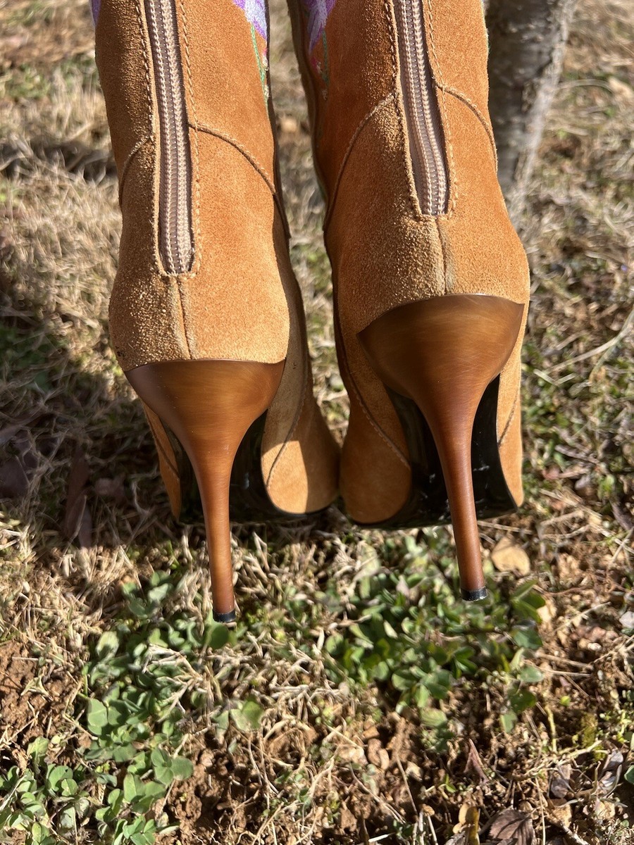 ショートブーツ・ブーティ Casadei Ankle boots Brown Casadei Brown Suede Floral Embroidered High Heel Pointy Toe