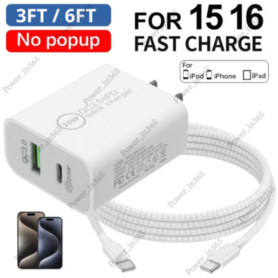 For iPhone 15 16 Pro Max Samsung 20W QC 3.0 USB-C Fast Charger PD Type-C Cable