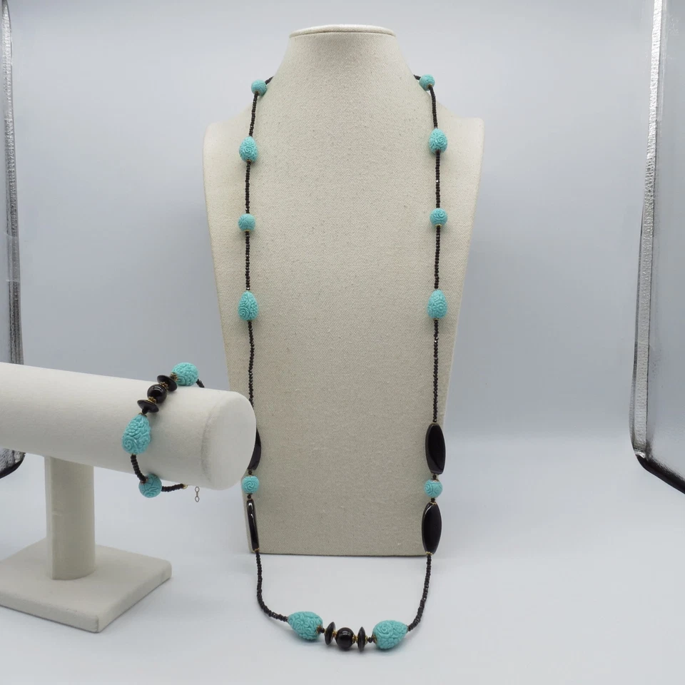 Conjunto de pulsera collar con cuentas talladas en flores azules lindo divertido boho 42" y 7" Foto 2 de 4