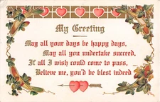 Hearts & Ivy Around an Old Motto Postcard-May All Your Days Be Happy Days, May A