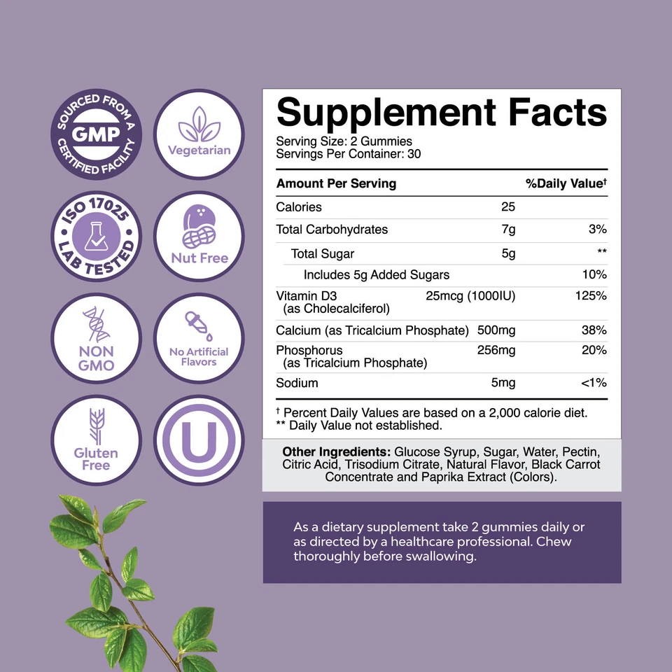 Gomitas de calcio de alta absorción con vitamina D3 fosfato tricálcico 758 mg 60 quilates Foto 3 de 4