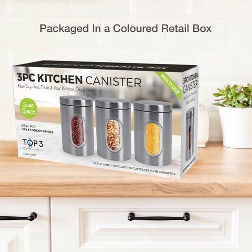 Kitchen Canister Set 3 Piece Coffee Tea Sugar Caddy Clear Viewing Window Silver - Picture 5 of 6