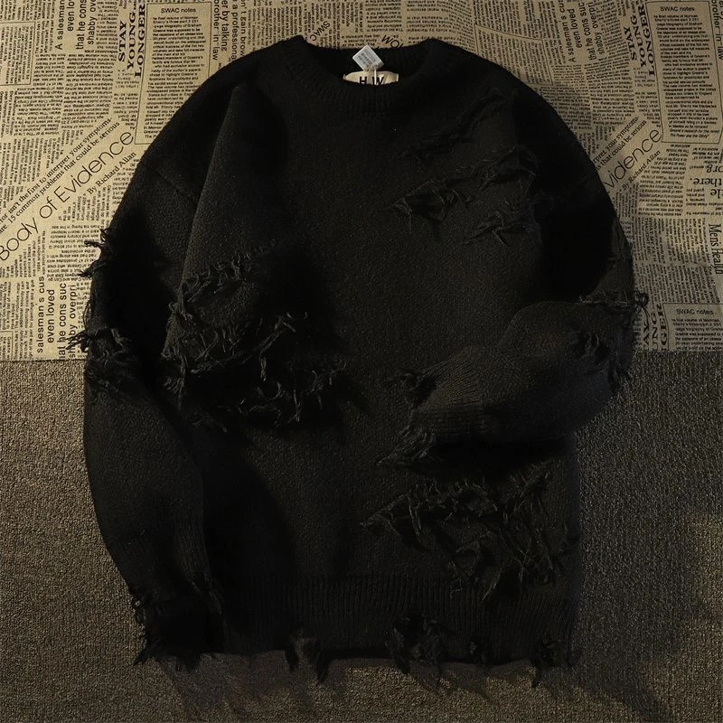 Street Wear Mens Broken Tassel Sweater Loose Ripped Knit Sweater