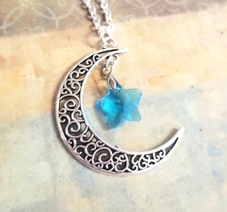 Silver Moon Necklace Glass Star Necklace Moon Stars Jewelry Moon