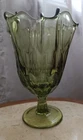 Fenton Swung Art Glass Colonial Green Thumbprint Handkerchief  Vase 8" Vtg TWIST