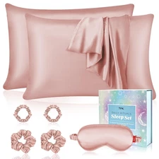Satin Pillowcase Gift Set with Silk Satin Sleep Mask 4 Scrunchies, 2Pack Stan...