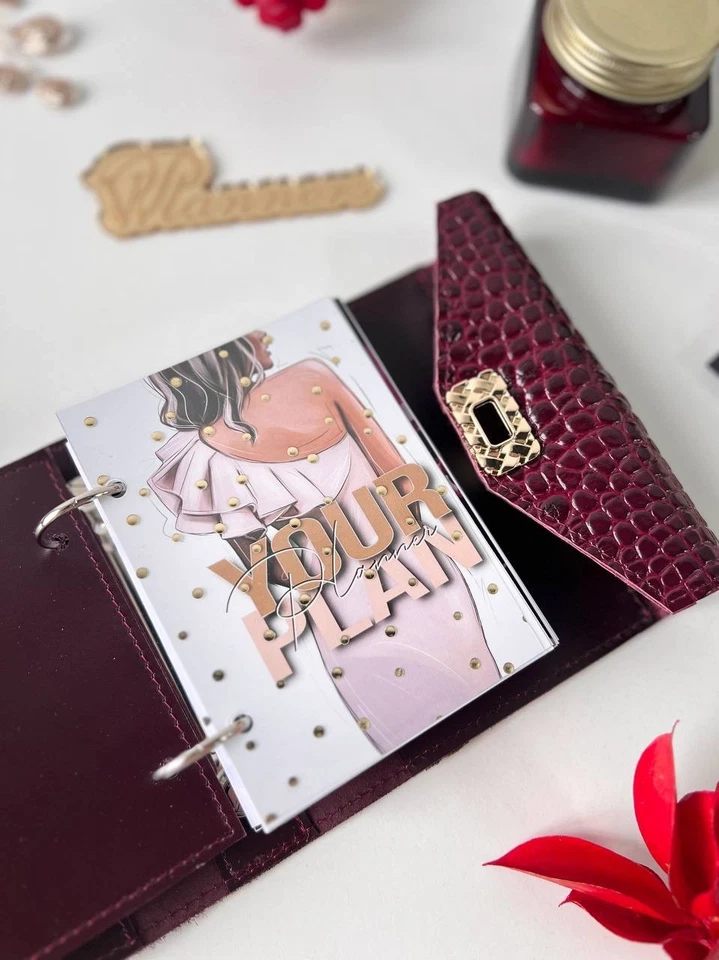 Burgundy leather notebook cover A7 6 rings mini wallet, Mini Planner Binder. - Image 4 of 4