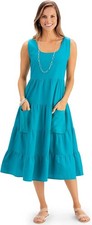 Collections Etc Women's Cotton Easy Sleeveless Tiered Long Dress Turquoise