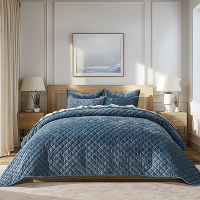 Luxury Velvet King Quilt Set, Soft Diamond Quilted Comforter, Stormy Blue