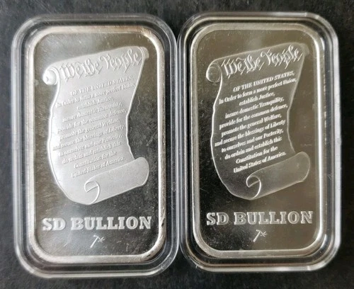 Two SilverTowne SD Bullion 1oz Silver Constitution/Liberty Bell Bars in Capsules