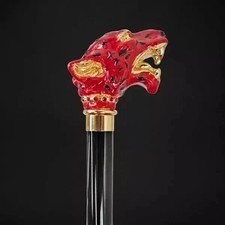 Wooden Walking Cane Hand Carved Red Puma Head