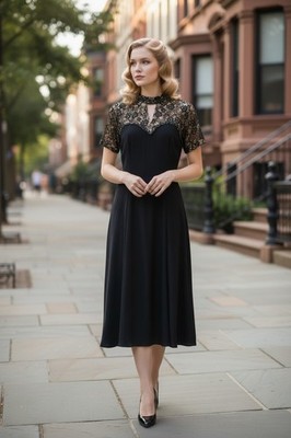 Vtg 1940's Dorothy O'Hara(?) Black Crepe Illusion Lace Cocktail Dress W26-27