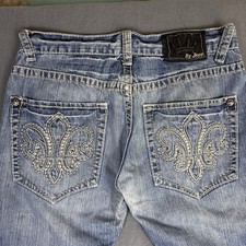 Jnco Jeans 33x30 Blue Cotton Embroidered fleur-de-lis Tribal Baggy Faded Y2K