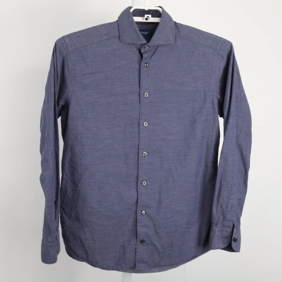 Camisa Eton Para Hombre Mediana Azul Calce Ajustado Manga Larga Abotonada Algodón Mezcla Seda Foto 2 de 4