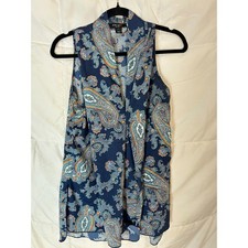 Nine West Jeans Paisley Sleeveless V Neck Tunic Top Women's Size M Blue Orange