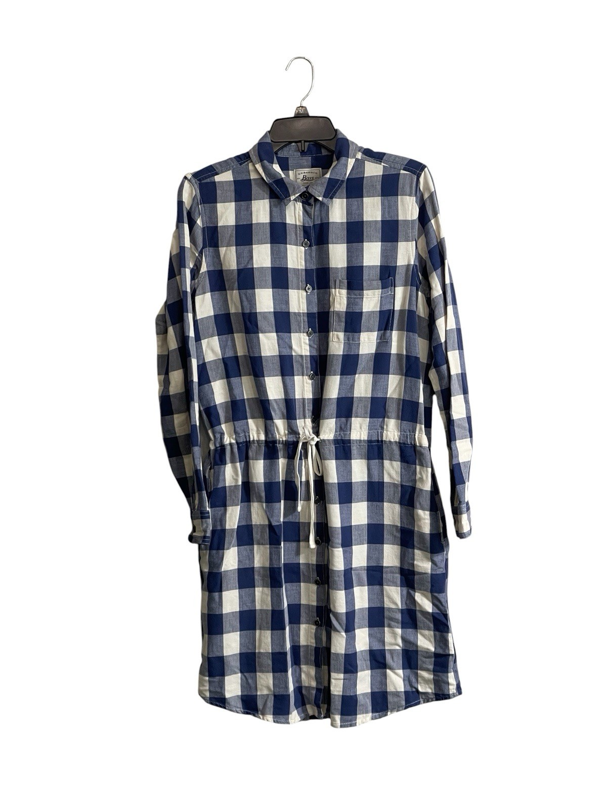 GH Bass Med Gingham Plaid Shirt Dress Blue White Preppy Nautical Coastal