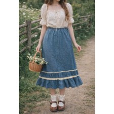 Vintage Y2K Denim Lace Trimmed Western Prairie Cottage Midi Skirt- Size 10