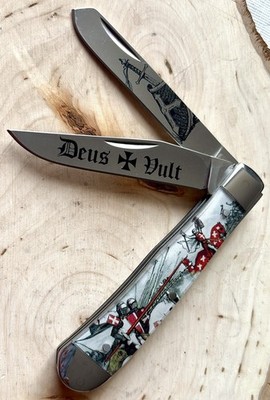Knights Templar Crusader Pocket Knife 2 Blade Trapper 7  Overall 
