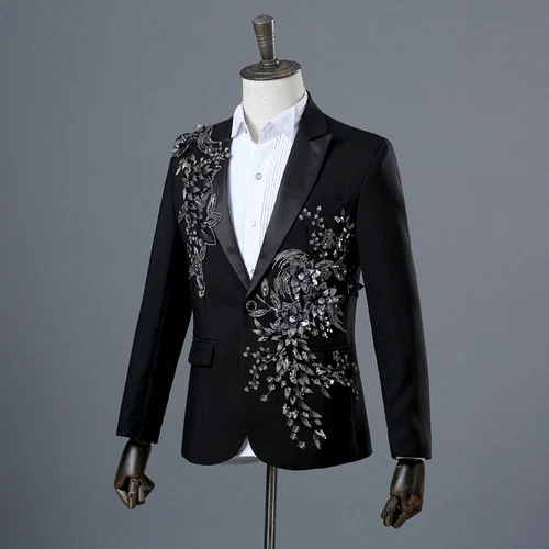 Herren 3D Kristall Strass Blazer Jacke Hochzeit Stickerei Kleid Anzug Mäntel - Bild 23 von 44