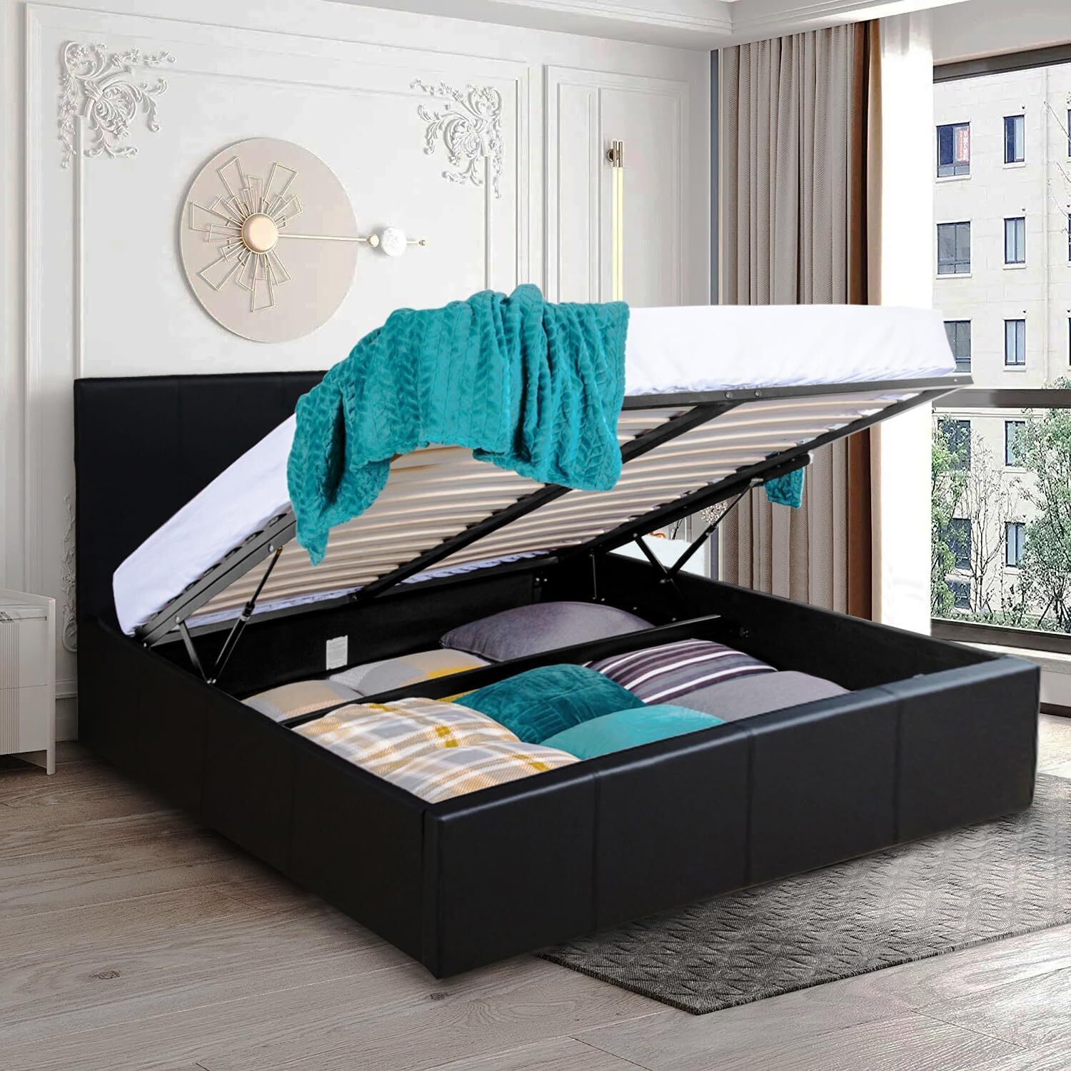 4ft6 Double Ottoman Storage Gas Lift Up Faux Leather Bed Black/Brown