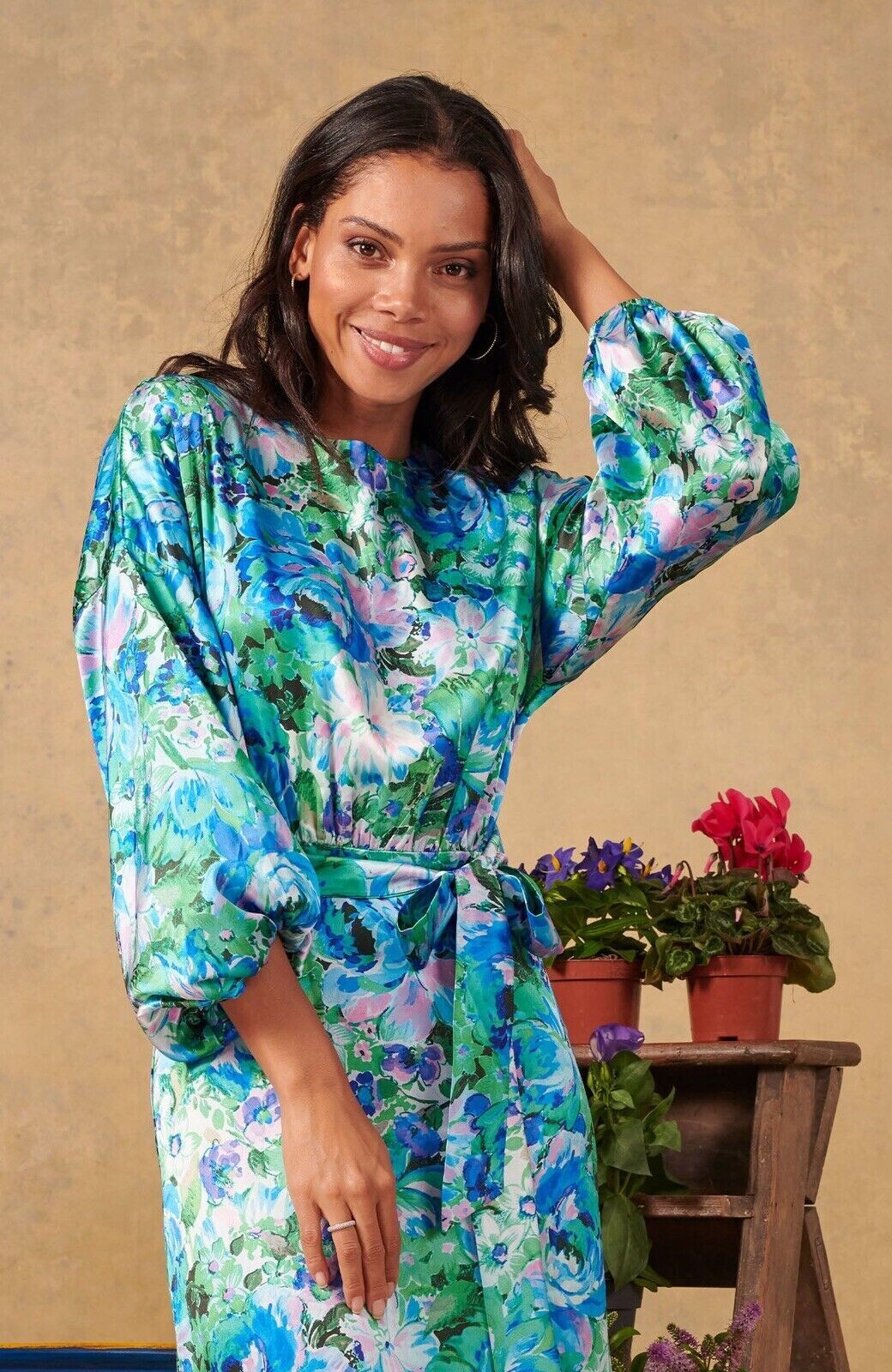 Hope and Ivy Floral Midi Party Evening Dress In Green/ Blue Size 12