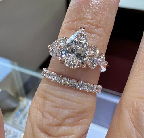 2.40 Ct Pear-Cut VS1/G Lab Grown Diamond Promise Anniversary Rings 14K Rose Gold - Picture 6 of 9
