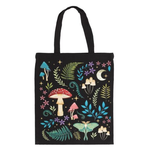 Dark Forest Print Cotton Tote Bag, toadstool, luna moth, mushrooms, moon  - 第 1/1 張圖片