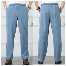 Men Linen Pants Formal Business Straight Leg Trousers Loose Elastic Waist
