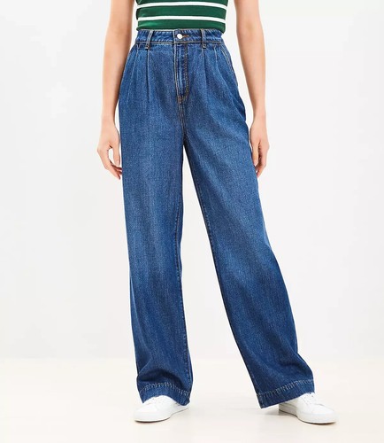 Loft Palazzo Jeans Womens 8 29 Blue Dark Wash Wide Leg Baggy Pleated NEW
