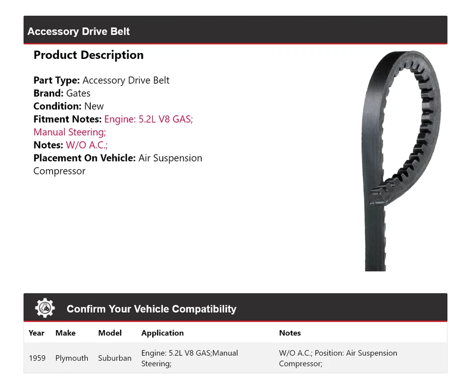 For 1959 Plymouth Suburban Accessory Drive Belt Air Suspension Compressor Gates - Image 2 of 4