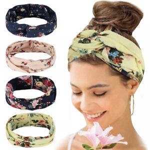 4 Pack Women Elastic Flower Printed Turban Head Wrap Headband Twisted Hair Band 