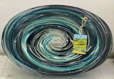 Grey Blue Glass Luster  Oval Serving Bowl Floral Decorative Luster 13" Italy New