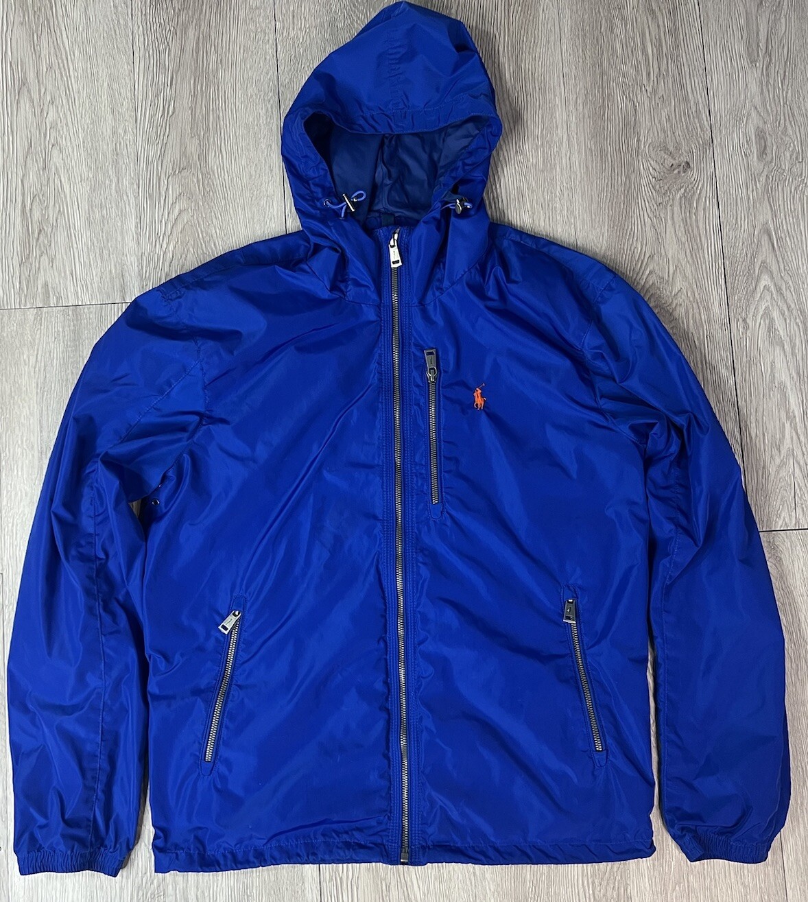 Polo Ralph Lauren giacca con cerniera intera da donna blu con cappuccio arancione pony taglia large