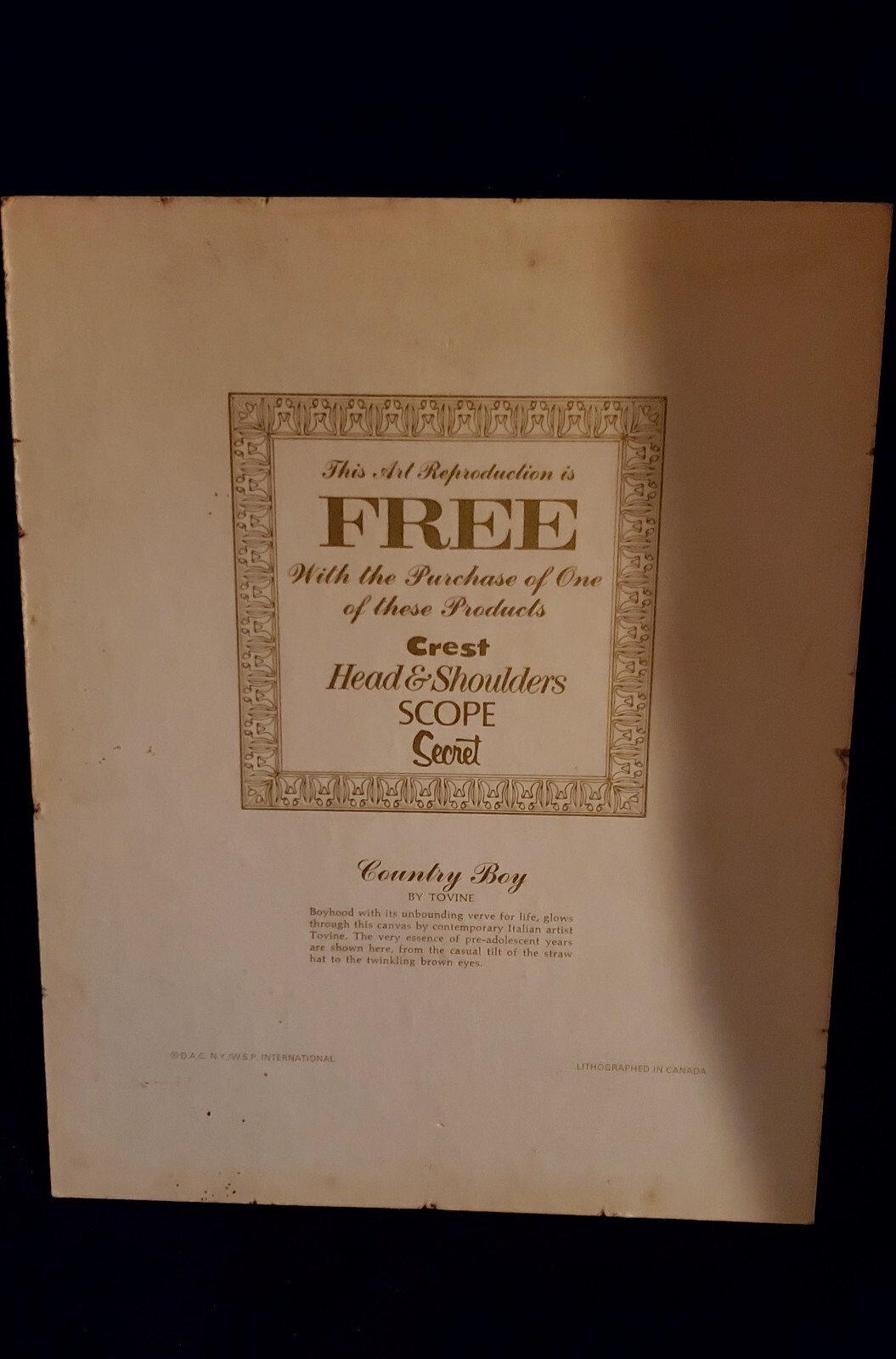 Vintage Lithograph print on textured board “Country Boy” by Tovine 8” x