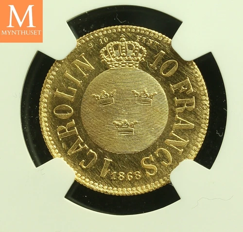 1868 Sweden 10 F Carolin NGC MS64