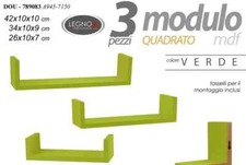 SET 3 MENSOLE DA PARETE DESIGN MODERNO COLORE VERDE SCAFFALI LEGNO KIT MONTAGGIO