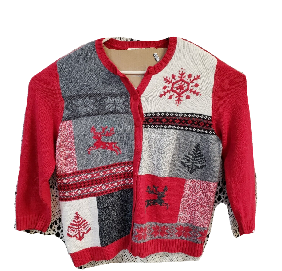 Angora Cardigan Christmas Nordic Reindeer sweater Red Cream 1x