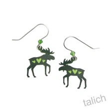 Sienna Sky Earrings Green Moose with Hearts Handmade Lightweight hypoallergenic