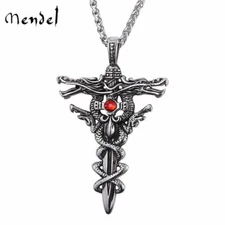 MENDEL Mens Gothic Large Dragon Sword Cross CZ Pendant Necklace Stainless Steel