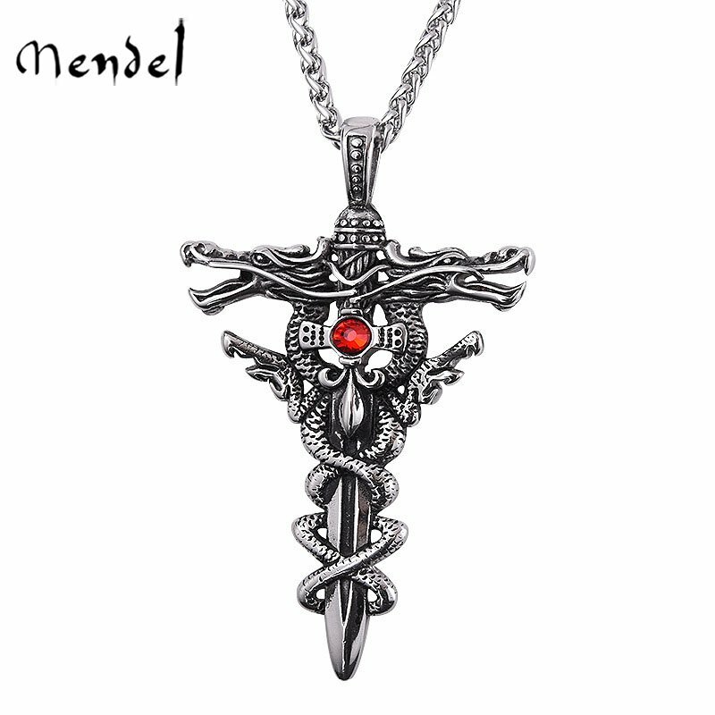 MENDEL Mens Gothic Large Dragon Sword Cross CZ Pendant Necklace Stainless Steel