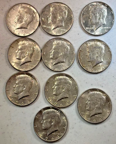 Lot of (10)  1964 Kennedy 1/2 Dollars 90 % Silver Very Fine