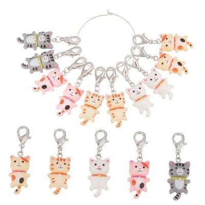 10Pcs 5 Styles Cat Pendant Decorations with Clasp Stitch Marker Charm Clip on