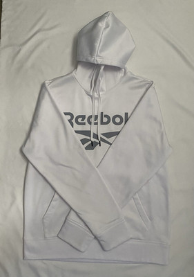 Reebok Men s Pullover Hoodie Size M Regular White Logo Fleece Polyester Pockets