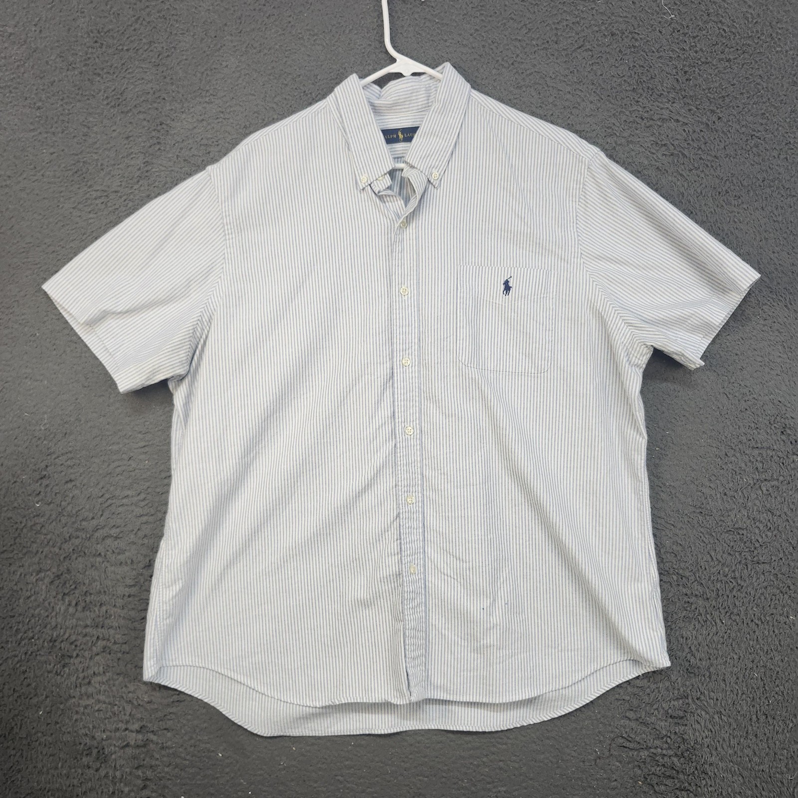 Ralph Lauren Shirt Mens 2XL Blue White Stripe Short Sleeve Button Down Pony Logo