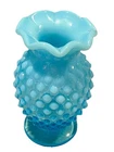Vtg Fenton Blue Opalescent Ruffled Hobnail Vase 3.75” Tall Gently Used